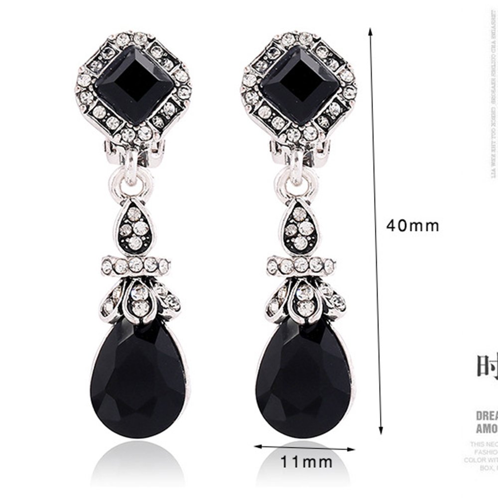 Bridal Vintage Earring Long Resin Rhinestone Clip on Earrings Without Piercing For Women (Black)