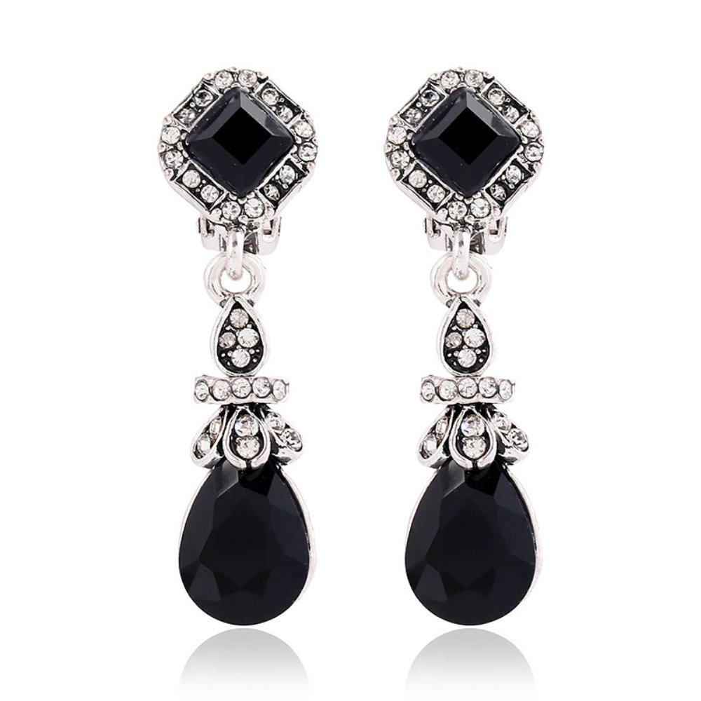 Bridal Vintage Earring Long Resin Rhinestone Clip on Earrings Without Piercing For Women (Black)