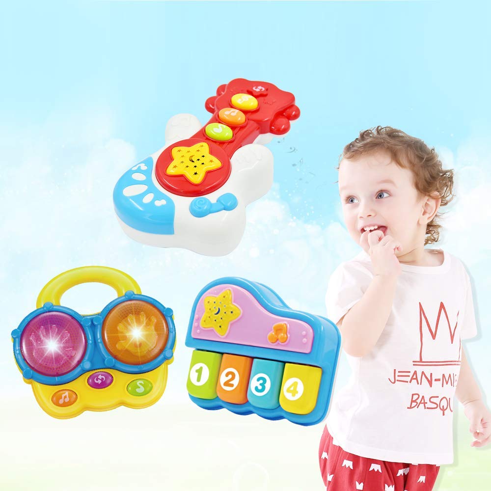 Portable Set of 3 (Piano, Bongo Drums, Guitar) Educational Toy for Music Learning and Entertainment for Ages 6 Months to 4 Years. All 6 Batteries Included.