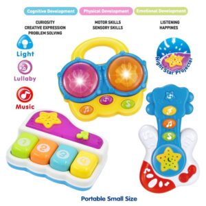 Portable Set of 3 (Piano, Bongo Drums, Guitar) Educational Toy for Music Learning and Entertainment for Ages 6 Months to 4 Years. All 6 Batteries Included.