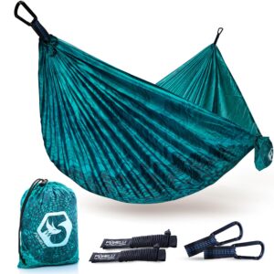 foxelli camping hammock – lightweight parachute nylon portable hammock with tree ropes and carabiners, perfect for outdoors, backpacking, hiking, camping, travel, beach, backyard & garden