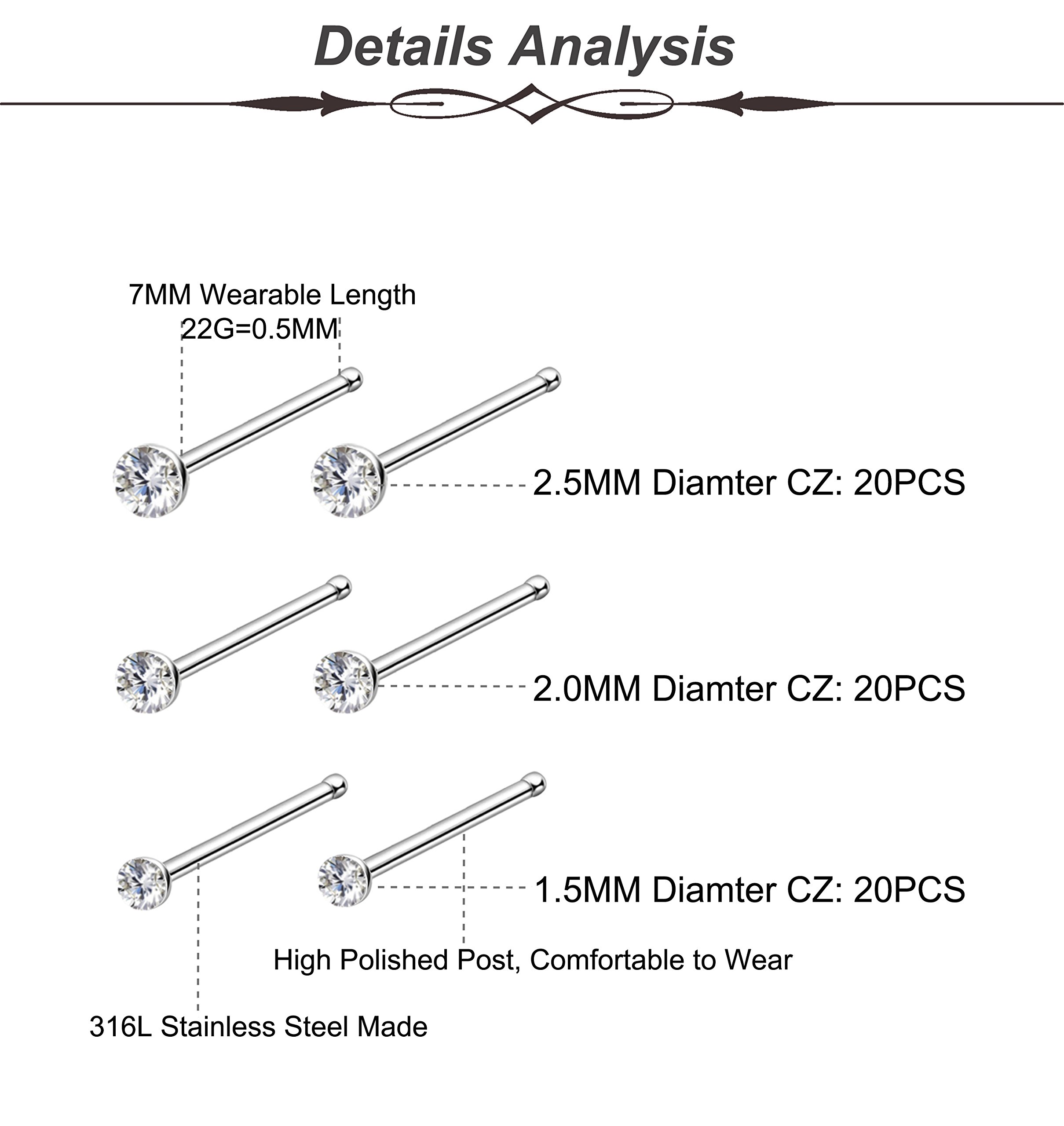 REVOLIA 60-120Pcs 22G 316L Stainless Steel Nose Studs Rings Piercing Body Jewelry 1.5-2.5mm S