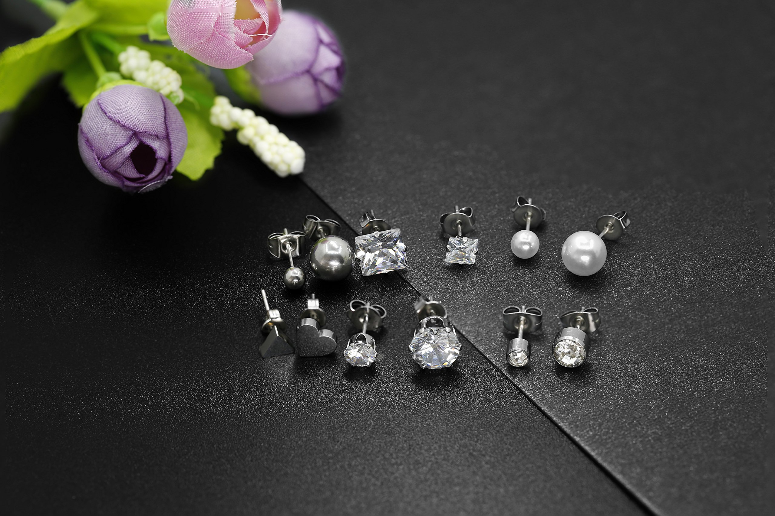 LOYALLOOK 12 Pairs Stainless Steel Earrings Stud Earrings Set for Womens Clear CZ Stud