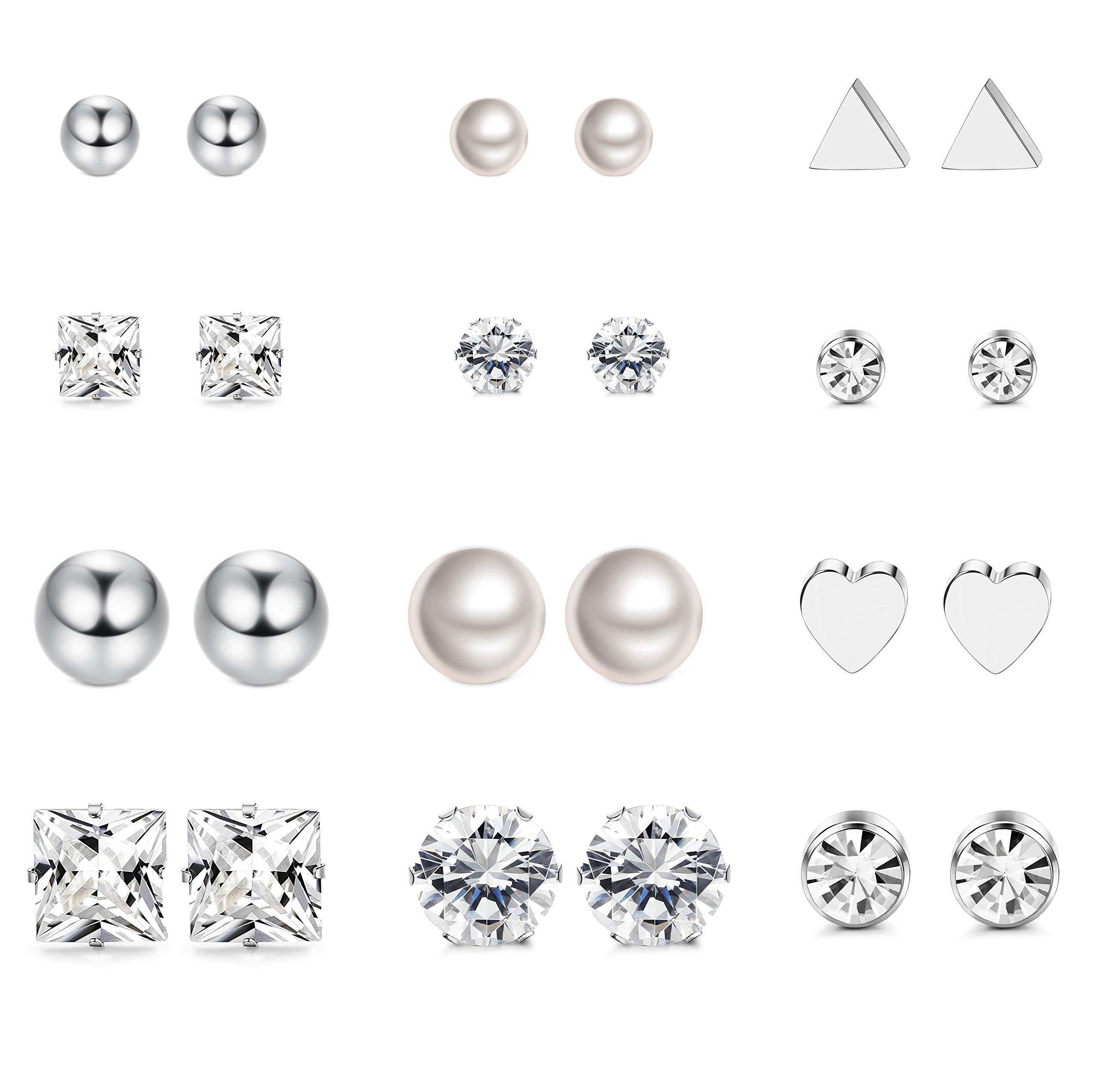 LOYALLOOK 12 Pairs Stainless Steel Earrings Stud Earrings Set for Womens Clear CZ Stud