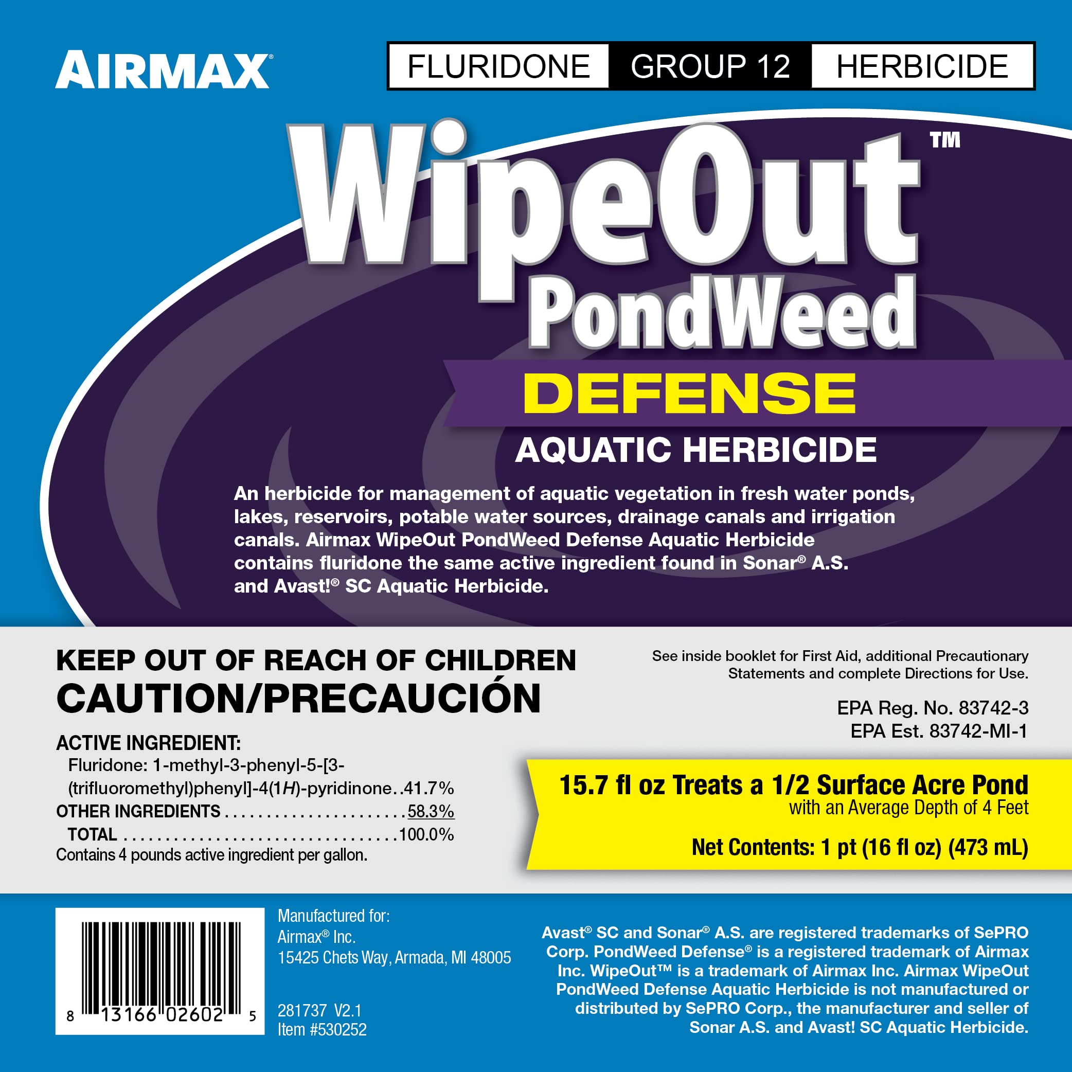 Airmax Wipeout Pond Weed Defense, Herbicide & Aquatic Weed Control, Controls Duckweed & Other Unwanted Submerged & Floating Vegetation, Easy-to-Use & Long Lasting, All-Season Treatment - 16 Ounce