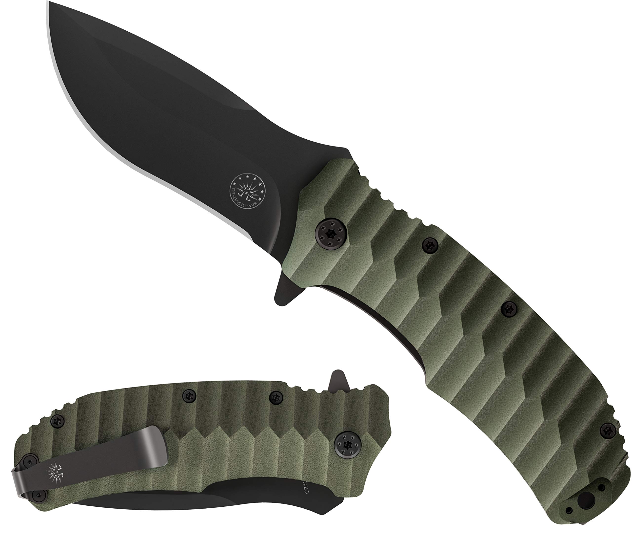 Off-Grid Knives - Rapid Fire Ranger, Camping & Hunting Knife, Cryo D2 Blade Steel with Olive Drab G10 Scales, Deep Clip, Left or Right Carry, Survival, Hiking, Fishing, Boating, Bushcraft