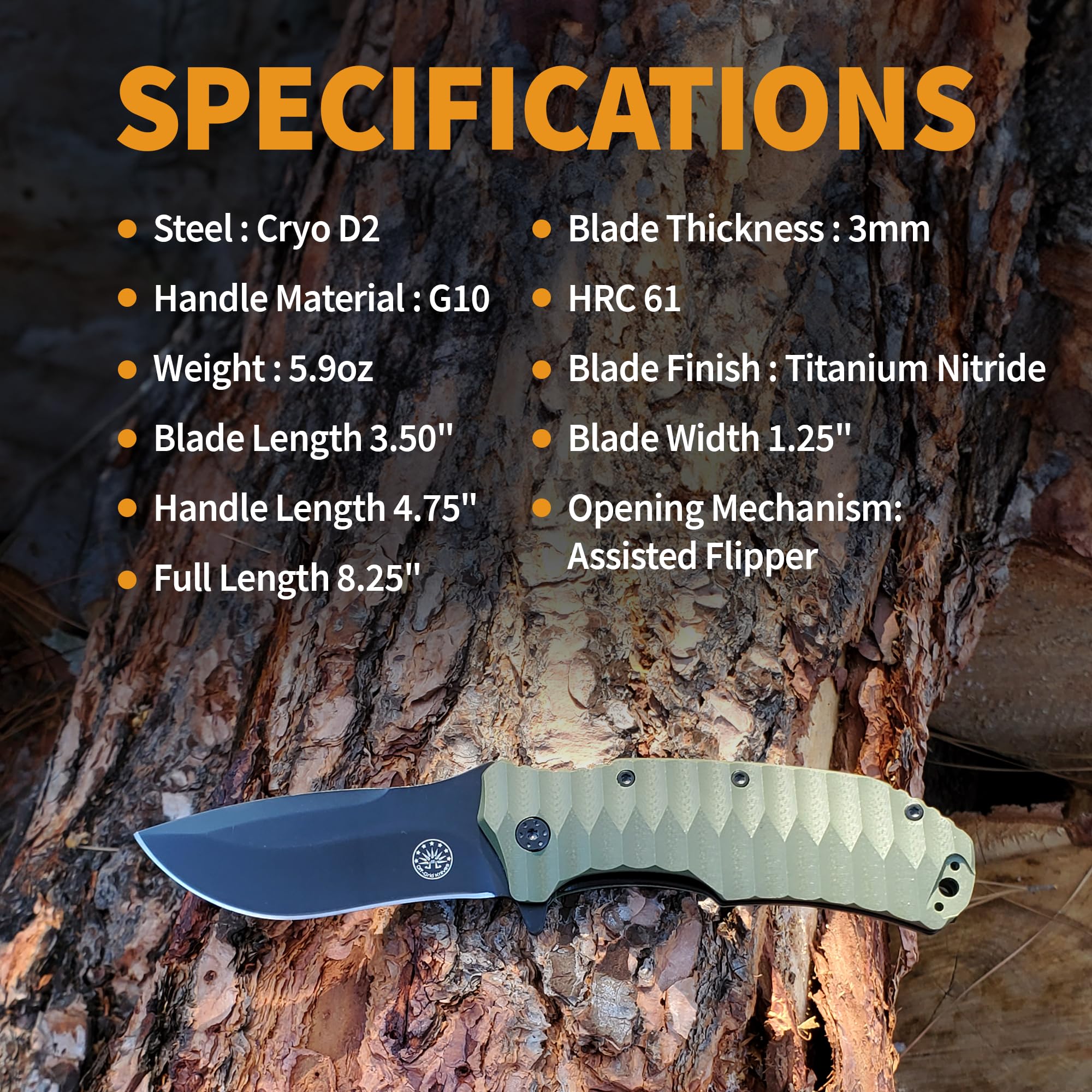 Off-Grid Knives - Rapid Fire Ranger, Camping & Hunting Knife, Cryo D2 Blade Steel with Olive Drab G10 Scales, Deep Clip, Left or Right Carry, Survival, Hiking, Fishing, Boating, Bushcraft