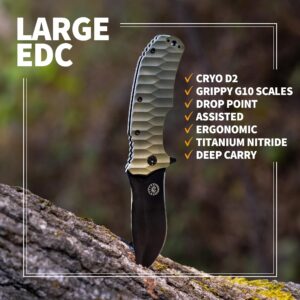 Off-Grid Knives - Rapid Fire Ranger, Camping & Hunting Knife, Cryo D2 Blade Steel with Olive Drab G10 Scales, Deep Clip, Left or Right Carry, Survival, Hiking, Fishing, Boating, Bushcraft