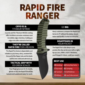 Off-Grid Knives - Rapid Fire Ranger, Camping & Hunting Knife, Cryo D2 Blade Steel with Olive Drab G10 Scales, Deep Clip, Left or Right Carry, Survival, Hiking, Fishing, Boating, Bushcraft