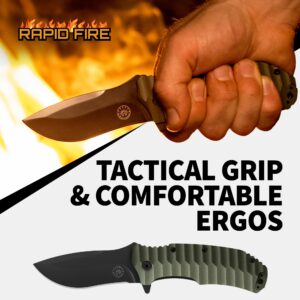 Off-Grid Knives - Rapid Fire Ranger, Camping & Hunting Knife, Cryo D2 Blade Steel with Olive Drab G10 Scales, Deep Clip, Left or Right Carry, Survival, Hiking, Fishing, Boating, Bushcraft