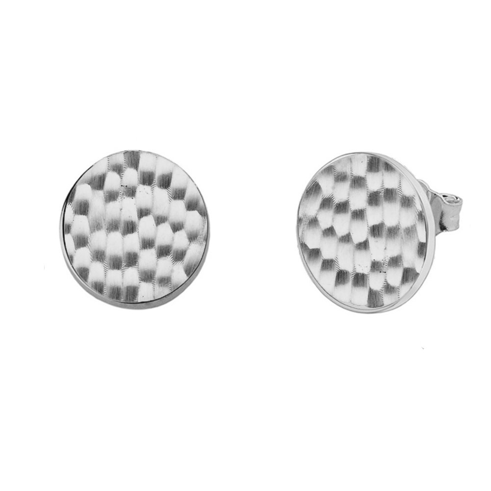 Elegant 14k Solid White Gold Hammered Round Stud Earrings