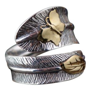 Two Tone 925 Sterling Silver Feather Ring with Golden Butterfly Leaf for Women Men Open Adjustable