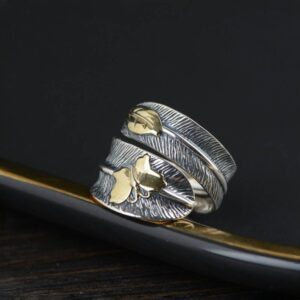 Two Tone 925 Sterling Silver Feather Ring with Golden Butterfly Leaf for Women Men Open Adjustable