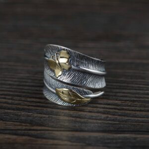 Two Tone 925 Sterling Silver Feather Ring with Golden Butterfly Leaf for Women Men Open Adjustable