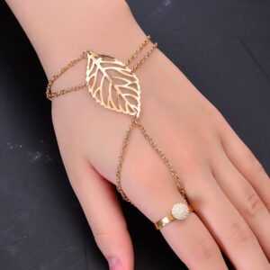 Jovono Boho Slave Bracelet Gold Leaf Finger Ring Bracelets Simple Beach Hand Chain Jewelry for Women(Gold)