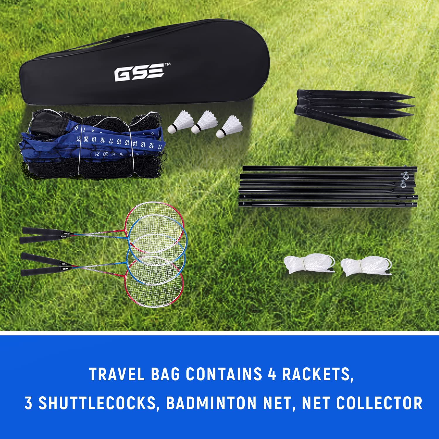 GSE Recreational Badminton Complete Set, Sports Outdoor Net Game Set Including 20'*2' Portable Badminton Net +4 Badminton Rackets+ 3 Shuttlecocks for 2-on-2 Games