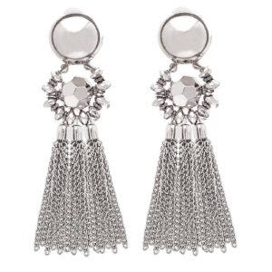 Bohemian Tassel Chandelier Dangle Earring For Women Clip On Earrings Long Drop Statement Earrings (silver)