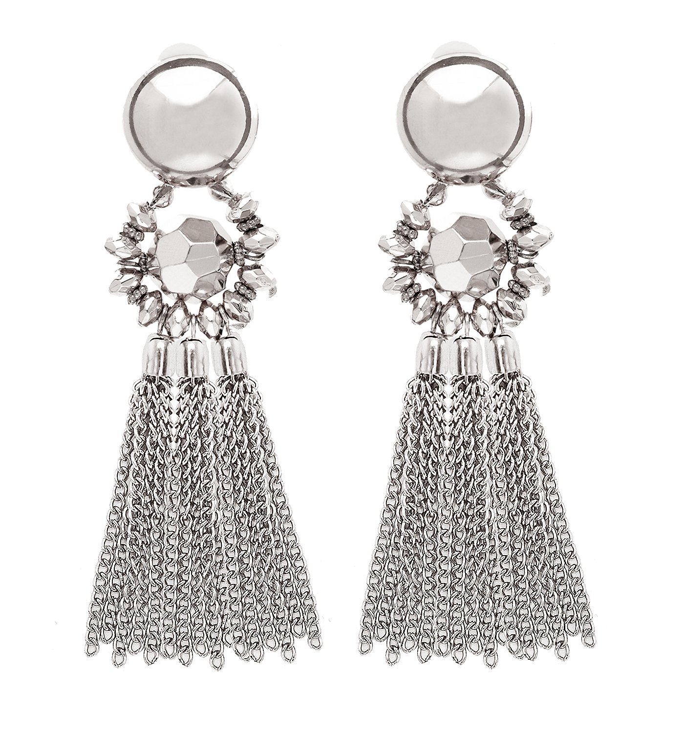 Bohemian Tassel Chandelier Dangle Earring For Women Clip On Earrings Long Drop Statement Earrings (silver)