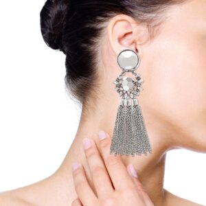 Bohemian Tassel Chandelier Dangle Earring For Women Clip On Earrings Long Drop Statement Earrings (silver)