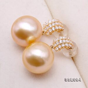 JYX Pearl 14K Yellow Gold Earrings AAA Quality Genuine 11.5mm Round Golden South Sea Cultured Pearl Dangle Earrings for Women