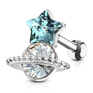 covet jewelry aqua star and clear stone set saturn 316l surgical steel cartilage, tragus barbell studs (steel)