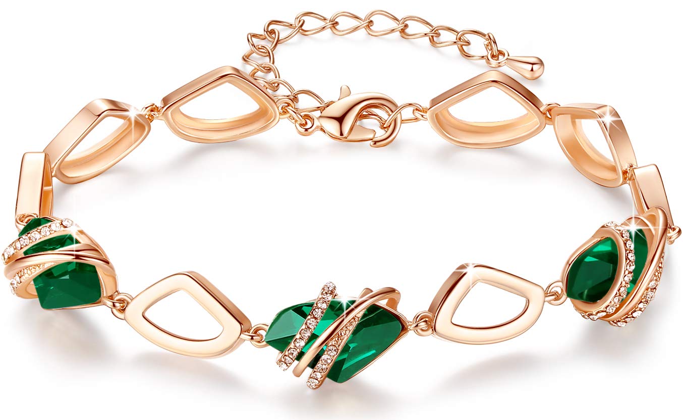 Leafael Wish Stone Link Charm Bracelet with Emerald Green Birthstone Crystal for May, Rose Gold Plated, 7"+2"