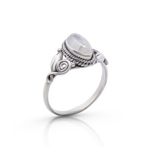 Koral Jewelry Moonstone Vintage Gipsy Spiral Side Small Ring 925 Sterling Silver Boho Chic US Size 5 6 7 8 9 (8)