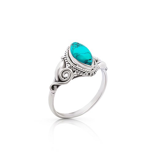 Koral Jewelry Synthetic Turquoise Vintage Gipsy Spiral Side Small Ring 925 Sterling Silver Boho Chic US Size 5 6 7 8 9 (6)