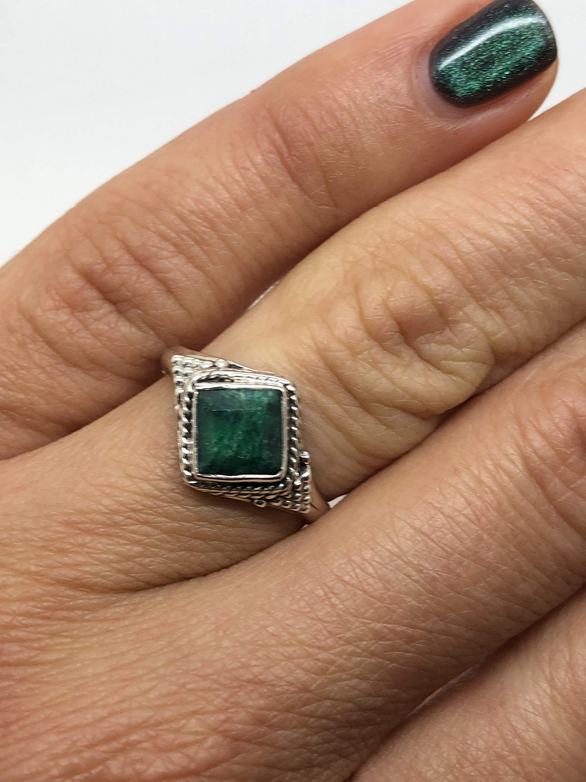 Koral Jewelry Created Emerald Vintage Gipsy Small Ring 925 Sterling Silver Square Stone Boho Chic US Size 5 6 7 8 9 (6)