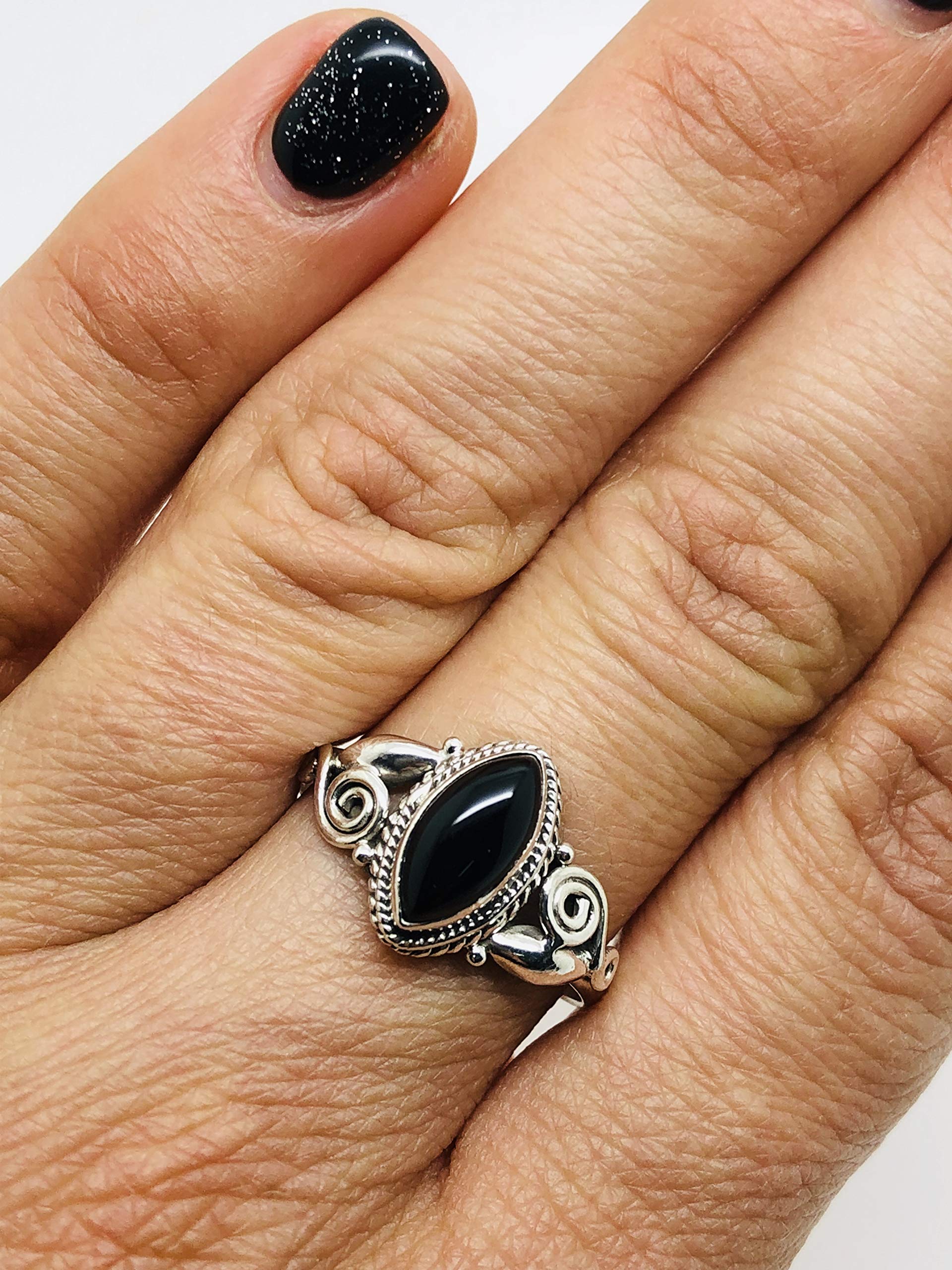 Black Onyx Vintage Gipsy Spiral Side Small Ring 925 Sterling Silver Boho Chic US Size 5 6 7 8 9 (9)