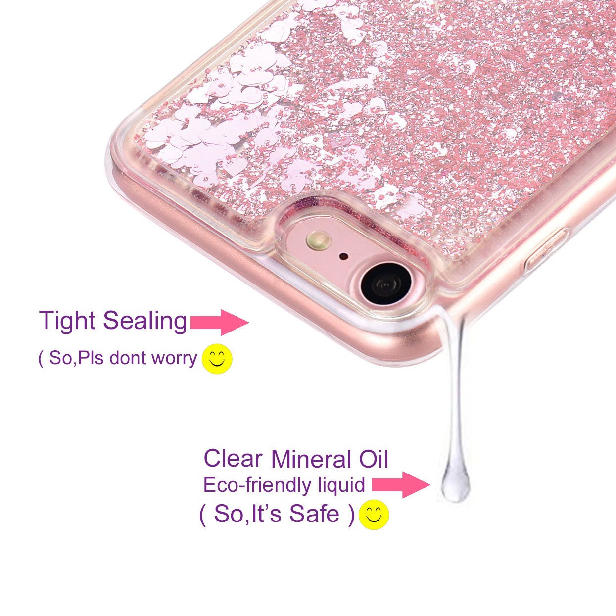 WORLDMOM Compatible with iPhone SE 2022 Case,for iPhone SE 2020 Case,Bling Moving Liquid Floating Sparkle Colorful Glitter Waterfall Clear TPU Protective Case for iPhone 7/8/ se2/ Se3, Rose Gold