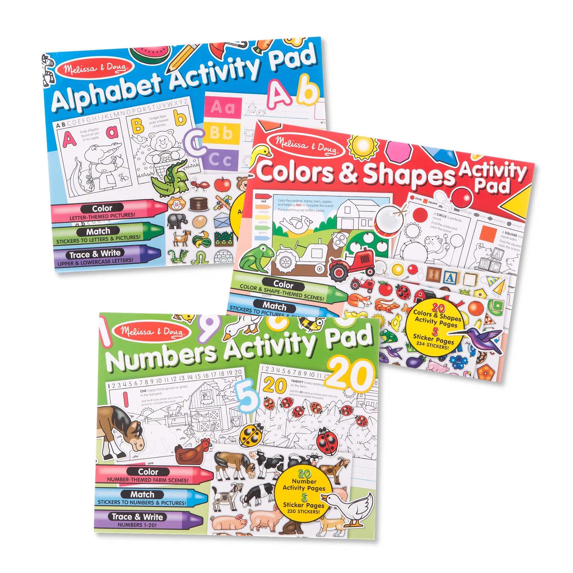 Melissa & Doug Activity Pad Bundle - Alphabet, Colors & Shapes & Numbers - Sticker And Coloing Activity Books For Girls And Boys, Great Travel Toy