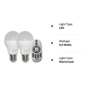 Fjiangyi 6W E27 Smart LED Light Bulbs Dimmable with 2.4GHz Wireless 3-Zone Remote Control - Adjustable Color Temperature (Warm/Cool) and Brightness 2 Pack (2 Bulb+1 Remote)