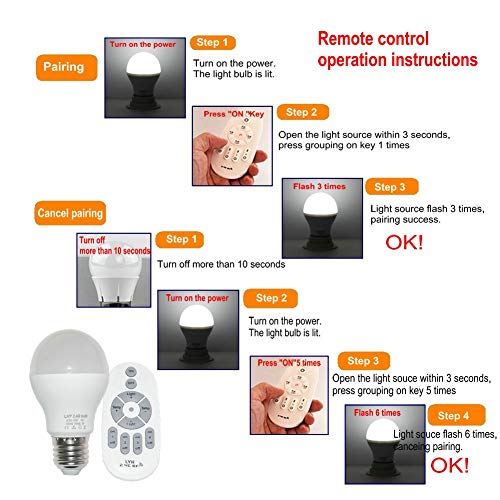 Fjiangyi 6W E27 Smart LED Light Bulbs Dimmable with 2.4GHz Wireless 3-Zone Remote Control - Adjustable Color Temperature (Warm/Cool) and Brightness 2 Pack (2 Bulb+1 Remote)