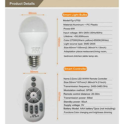 Fjiangyi 6W E27 Smart LED Light Bulbs Dimmable with 2.4GHz Wireless 3-Zone Remote Control - Adjustable Color Temperature (Warm/Cool) and Brightness 2 Pack (2 Bulb+1 Remote)