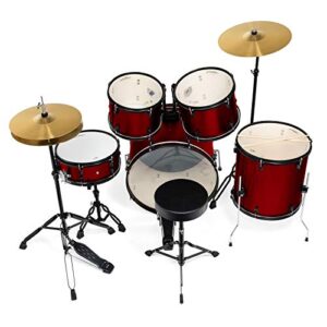 Ashthorpe 5-Piece Complete Full Size Adult Drum Set with Remo Batter Heads - Red