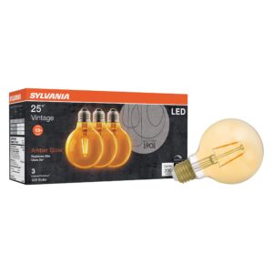 SYLVANIA LED Vintage Filament Globe G25 Light Bulb, 25W Equivalent Efficient 3W, 13 Year, Dimmable, 2175K, Amber Glow - 3 Pack (40066)