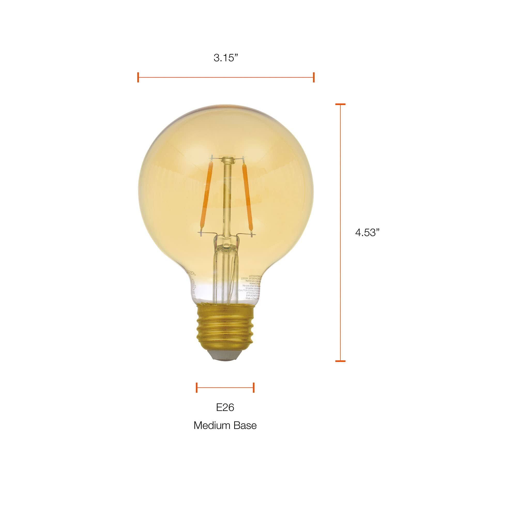 SYLVANIA LED Vintage Filament Globe G25 Light Bulb, 25W Equivalent Efficient 3W, 13 Year, Dimmable, 2175K, Amber Glow - 3 Pack (40066)