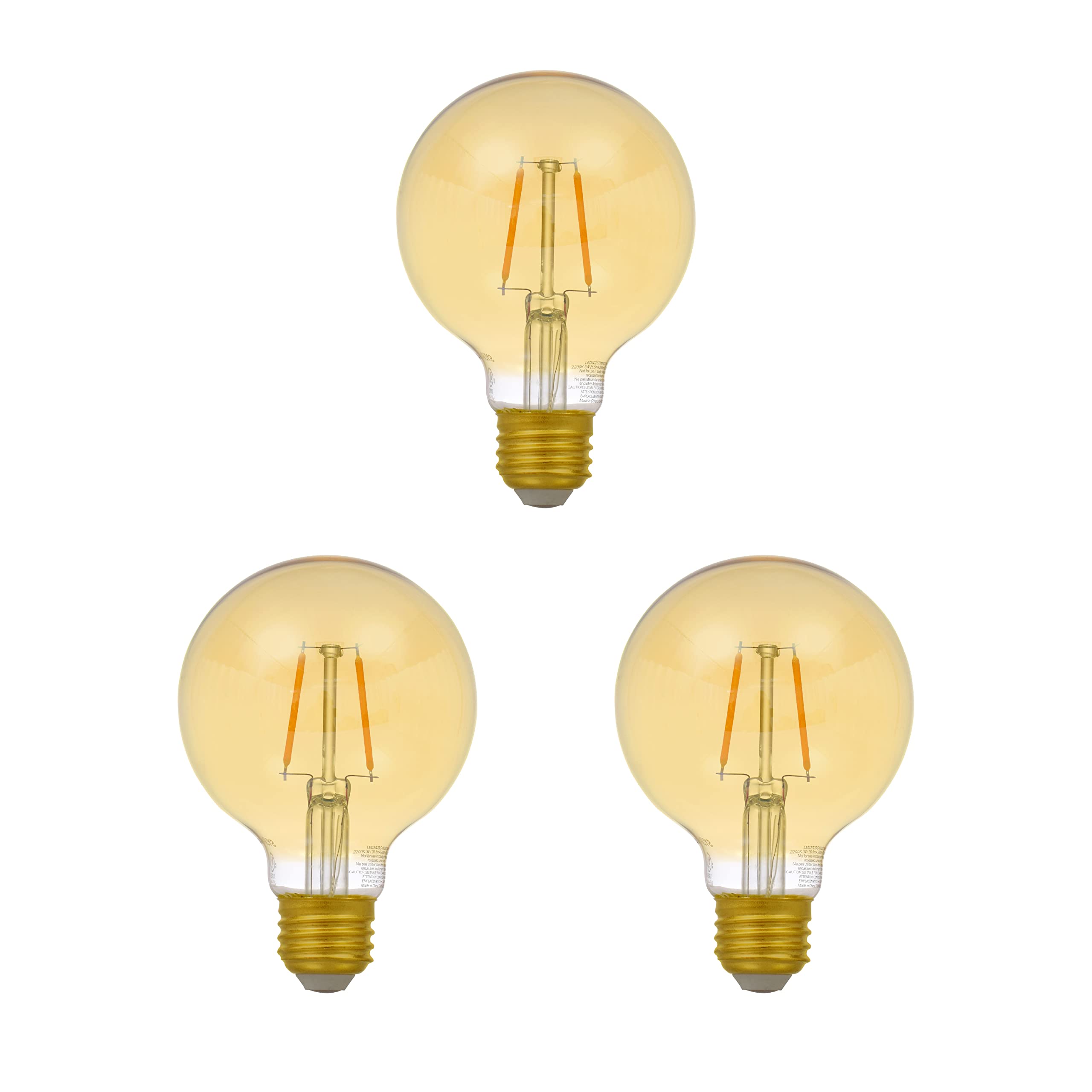 SYLVANIA LED Vintage Filament Globe G25 Light Bulb, 25W Equivalent Efficient 3W, 13 Year, Dimmable, 2175K, Amber Glow - 3 Pack (40066)