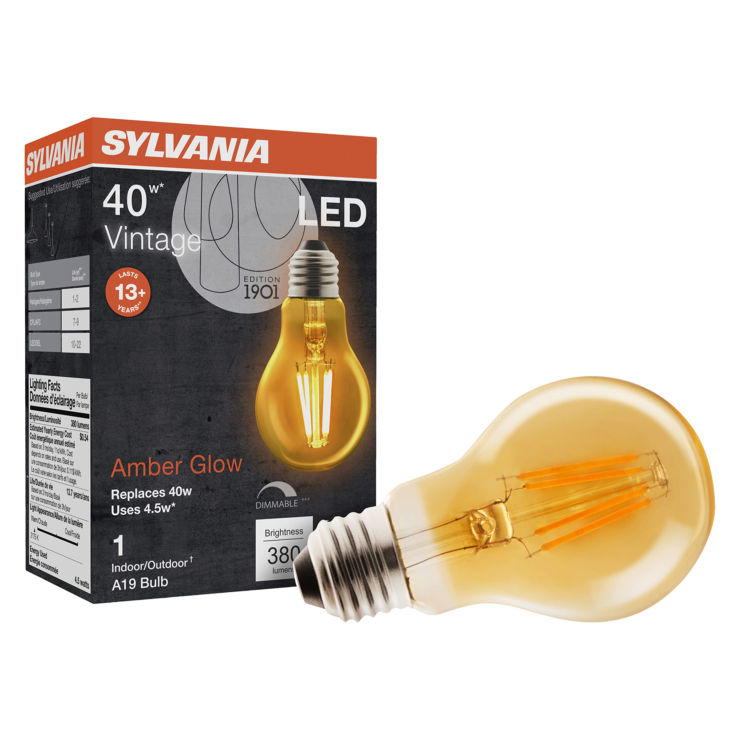 SYLVANIA A19 LED Vintage Light Bulb, 40W Equivalent Efficient 4.5W, 13 Year, 380 Lumens, Dimmable, Amber Glow - 1 Pack (75347)