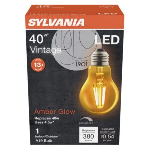 SYLVANIA A19 LED Vintage Light Bulb, 40W Equivalent Efficient 4.5W, 13 Year, 380 Lumens, Dimmable, Amber Glow - 1 Pack (75347)