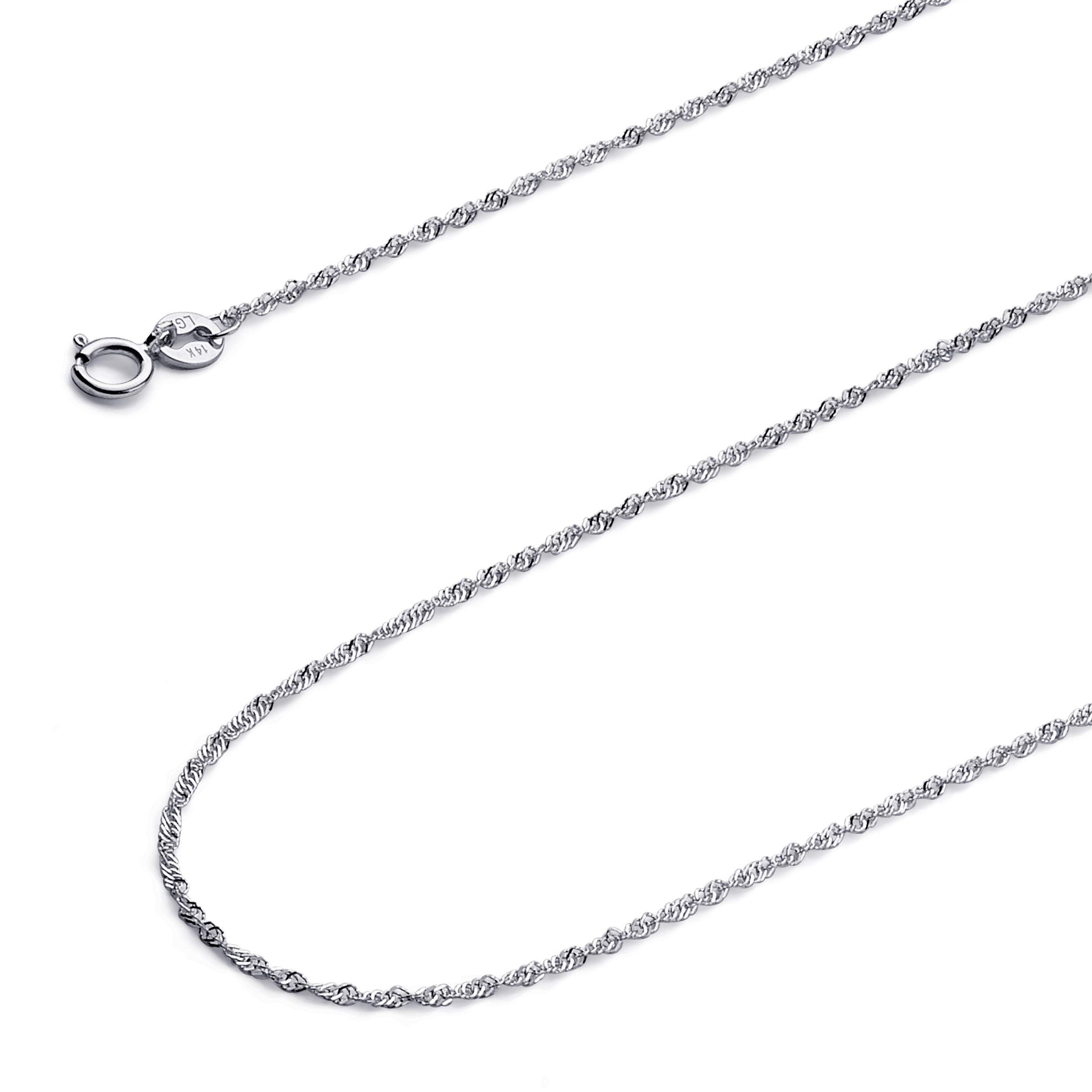 14k REAL White Gold Solid 1.2mm Singapore Chain Necklace with Spring Ring Clasp - 18"