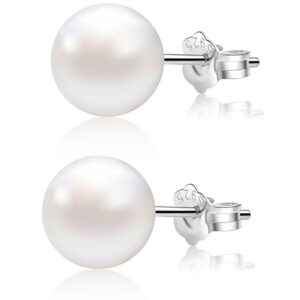 ALYC Pearl Earrings Genuine Freshwater Cultured Pearl White Button Stud Earrings with 925 Sterling Silver for Women(9.5-10.0mm)