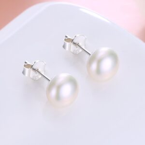 ALYC Pearl Earrings Genuine Freshwater Cultured Pearl White Button Stud Earrings with 925 Sterling Silver for Women(9.5-10.0mm)