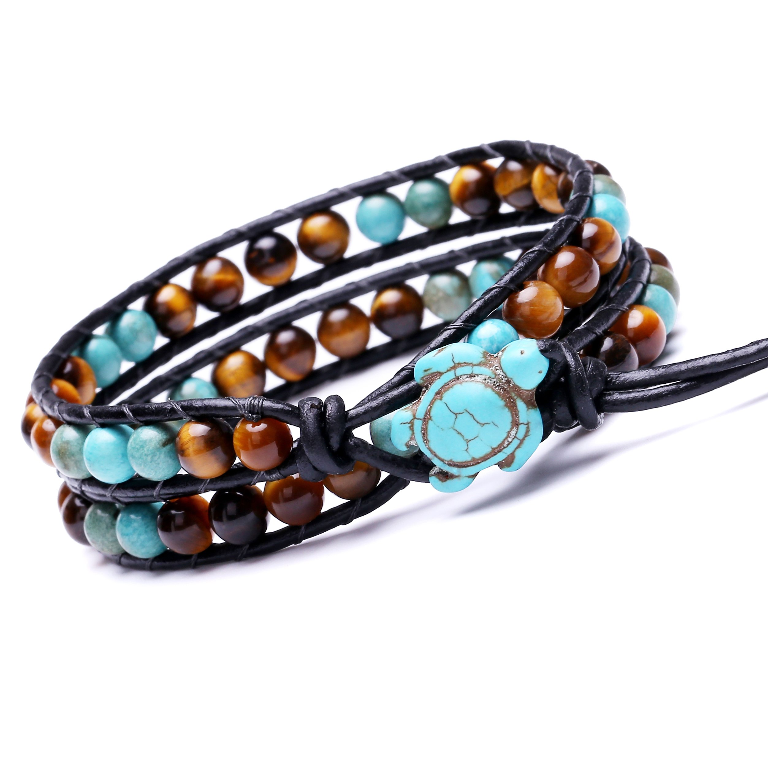 SOFYBJA Leather Wrap Cuff Bracelet Turtle Turquoise and Tiger Eye Beads Handmade Bangle Boho Wristband for Women