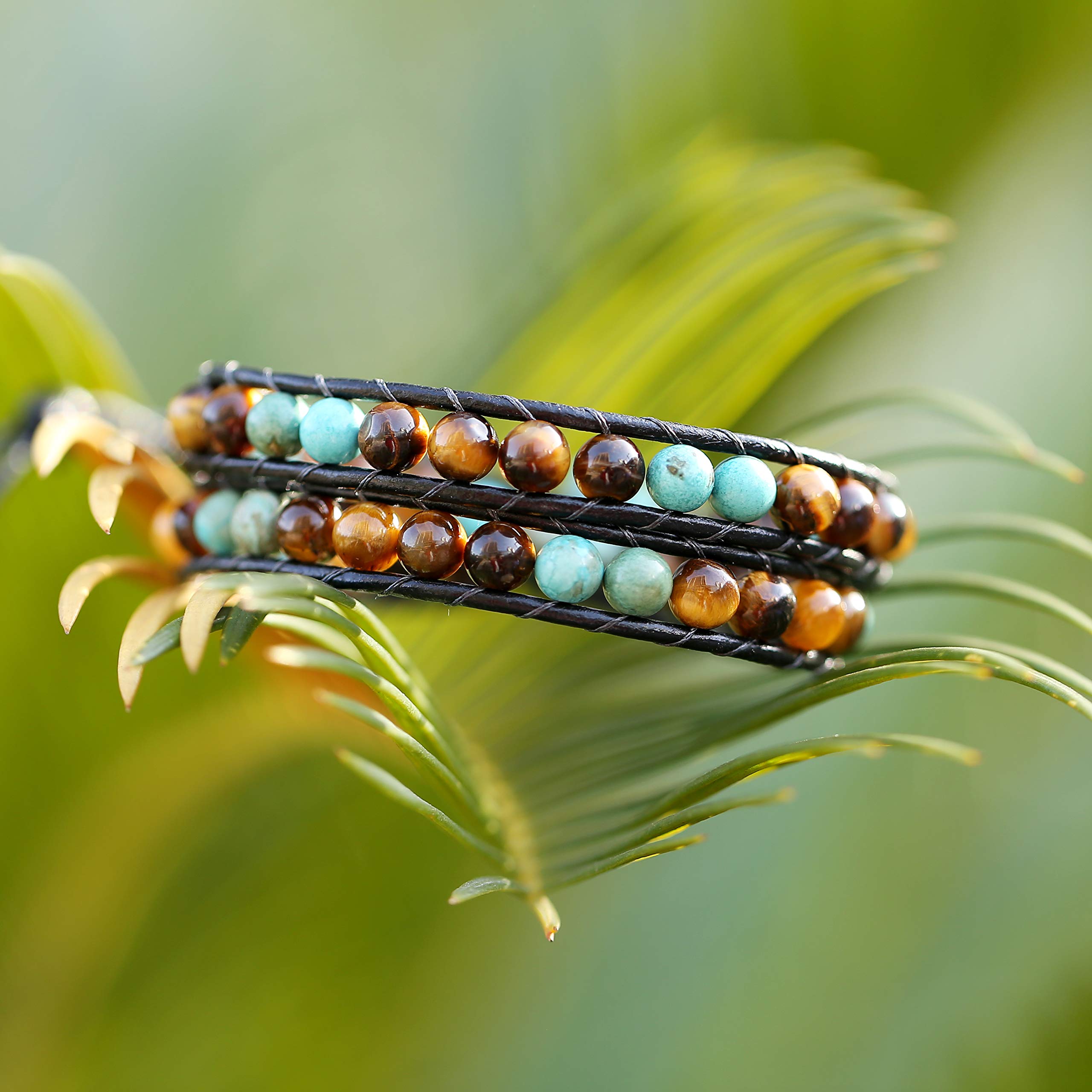 SOFYBJA Leather Wrap Cuff Bracelet Turtle Turquoise and Tiger Eye Beads Handmade Bangle Boho Wristband for Women