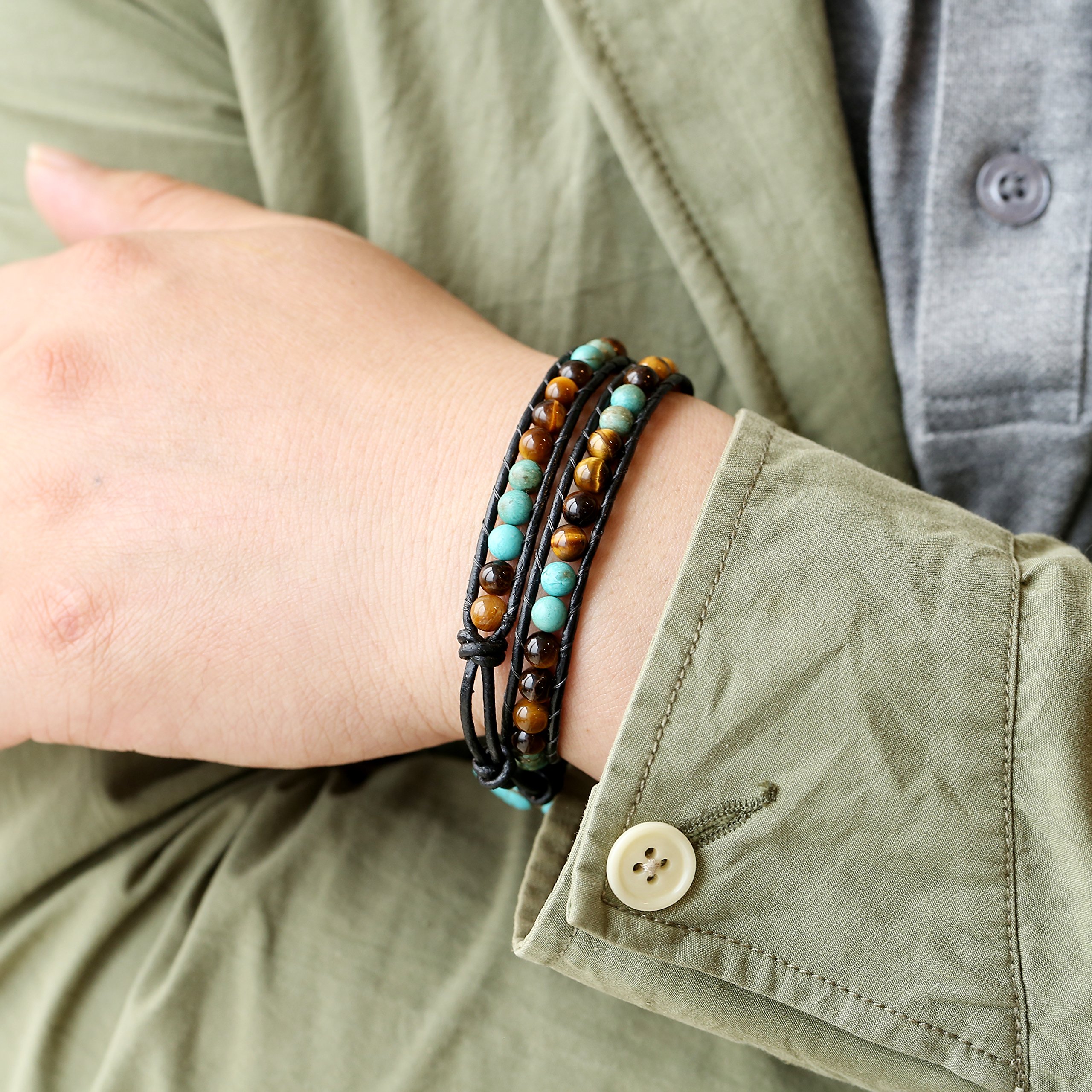 SOFYBJA Leather Wrap Cuff Bracelet Turtle Turquoise and Tiger Eye Beads Handmade Bangle Boho Wristband for Women