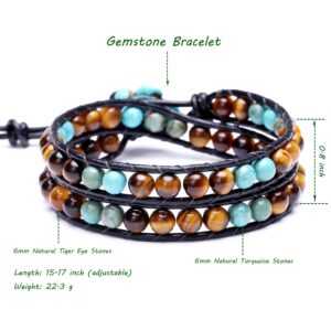 SOFYBJA Leather Wrap Cuff Bracelet Turtle Turquoise and Tiger Eye Beads Handmade Bangle Boho Wristband for Women