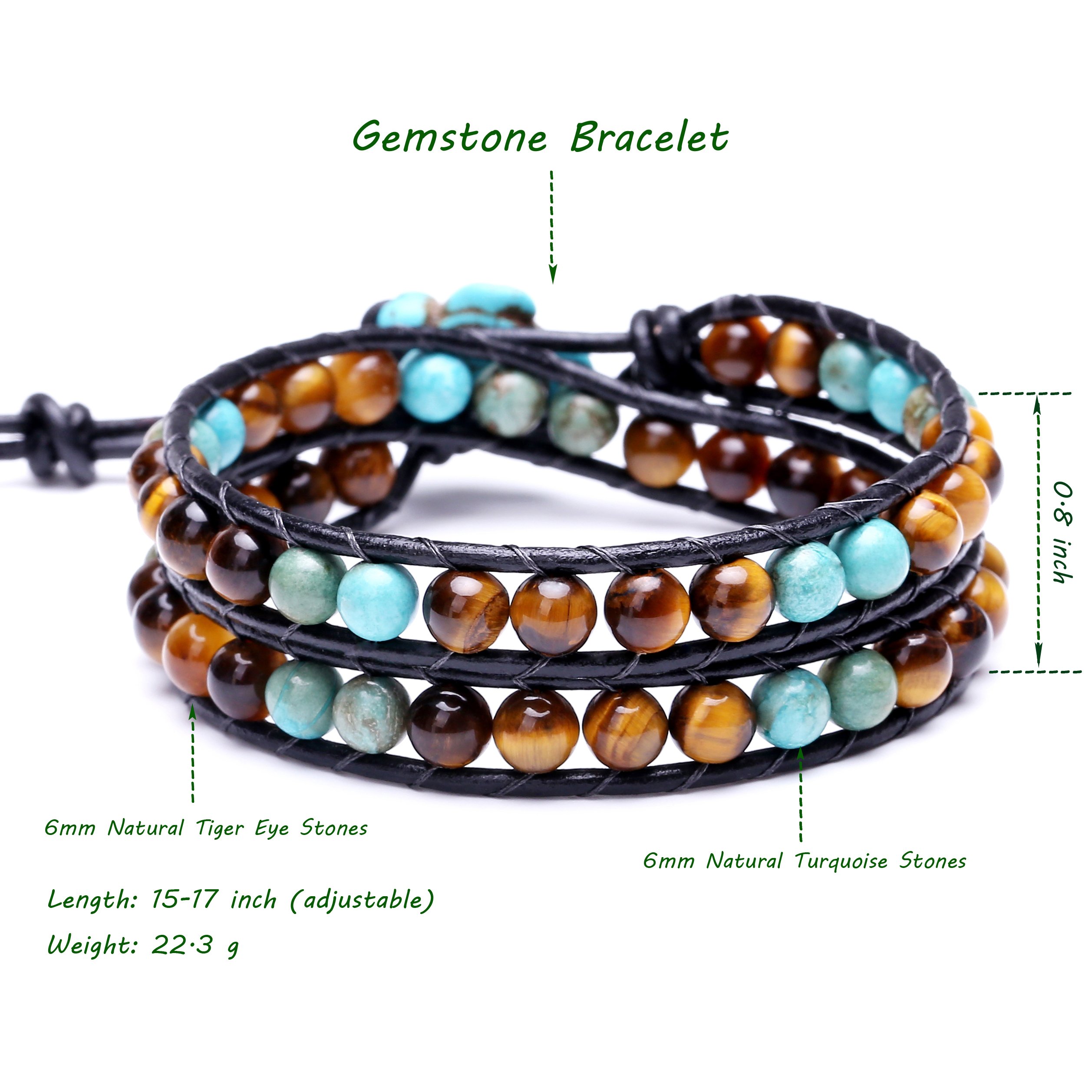 SOFYBJA Leather Wrap Cuff Bracelet Turtle Turquoise and Tiger Eye Beads Handmade Bangle Boho Wristband for Women