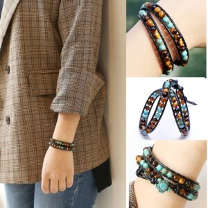 SOFYBJA Leather Wrap Cuff Bracelet Turtle Turquoise and Tiger Eye Beads Handmade Bangle Boho Wristband for Women